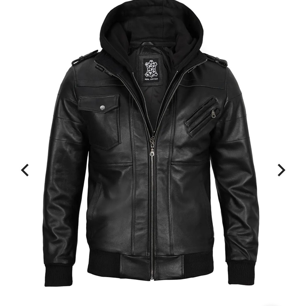 Men's Black Leather Decrum Jacket with Hood